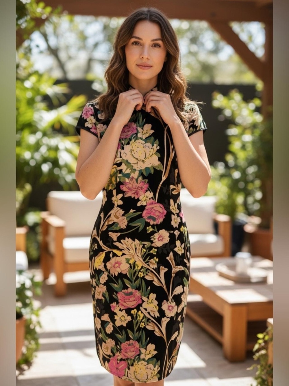Designed in NY for The J. Peterman Company Black Velvet Floral Cheongsam Dress